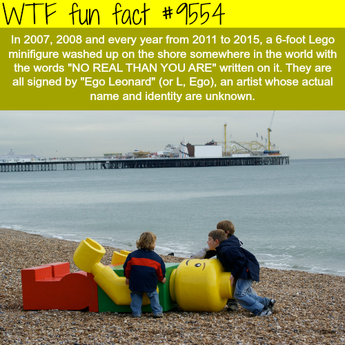 wtf fun facts lego - W Tf fun fact In 2007, 2008 and every year from 2011 to 2015, a 6foot Lego minifigure washed up on the shore somewhere in the world with the words "No Real Than You Are" written on it. They are all signed by "Ego Leonard" or L, Ego, a