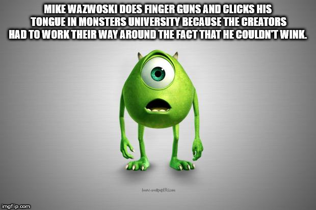 monsters inc - Mike Wazwoski Does Finger Guns And Clicks His Tongue In Monsters University Because The Creators Had To Work Their Way Around The Fact That He Couldnt Wink. Room imgflip.com