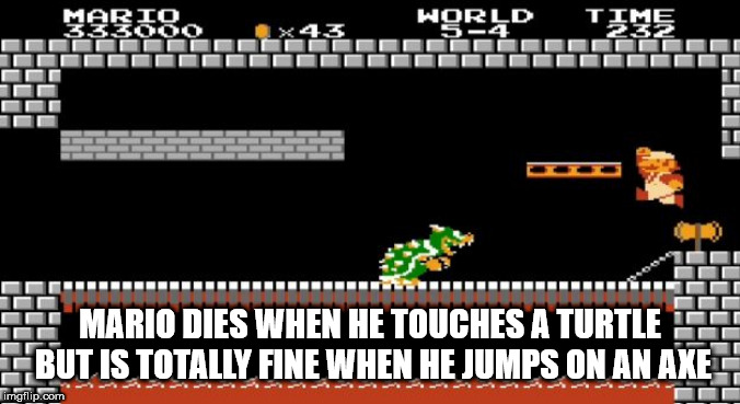 super mario bros - World Time 333000 Dddddd X43 Sa Lel Lel Luuluuuuuuuuuuuu 11 Mario Dies When He Touches A Turtle 11 But Is Totally Fine When He Jumps On An Axe imgflip.com