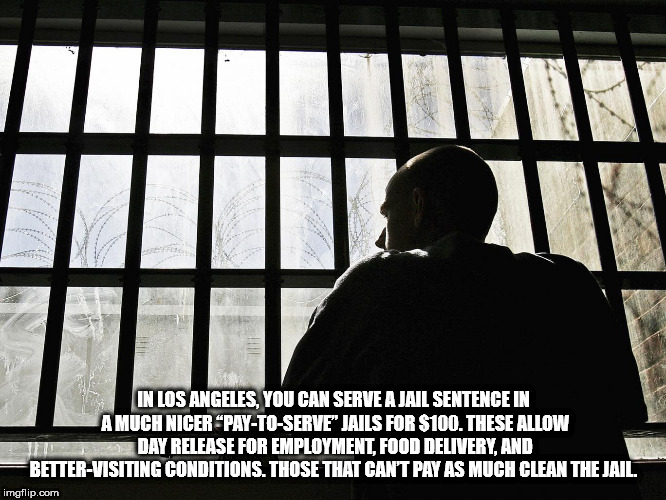 prisoner looking out window - In Los Angeles, You Can Serve A Jail Sentence In A Much Nicer PayToServe" Jails For $100. These Allow Day Release For Employment, Food Delivery, And BetterVisiting Conditions. Those That Can'T Pay As Much Clean The Jail. imgf