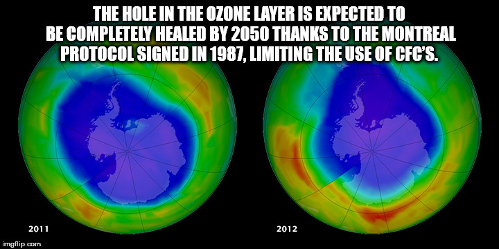 earth - The Hole In The Ozone Layer Is Expected To Be Completely Healed By 2050 Thanks To The Montreal Protocol Signed In 1987, Limiting The Use Of Cfc'S. 2011 2012 imgflip.com