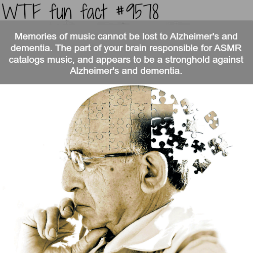 dementia patient - Wtf fun fact Memories of music cannot be lost to Alzheimer's and dementia. The part of your brain responsible for Asmr catalogs music, and appears to be a stronghold against Alzheimer's and dementia.