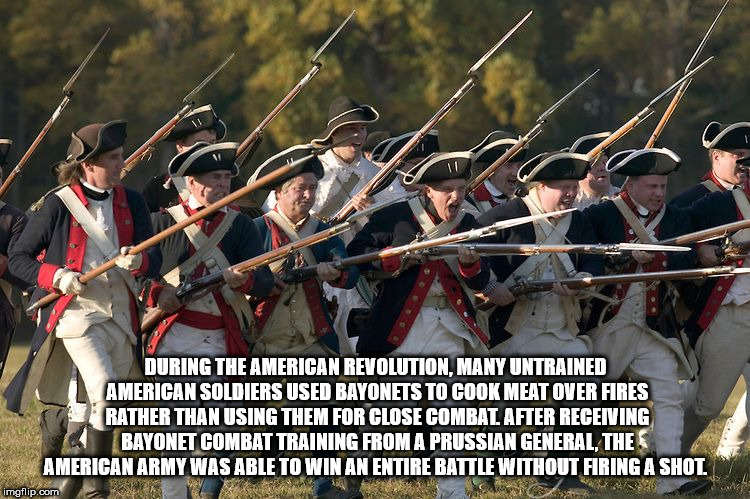 troop - During The American Revolution, Many Untrained American Soldiers Used Bayonets To Cook Meat Over Fires Rather Than Using Them For Close Combat. After Receiving Bayonet Combat Training From A Prussian General, The American Army Was Able To Win An E