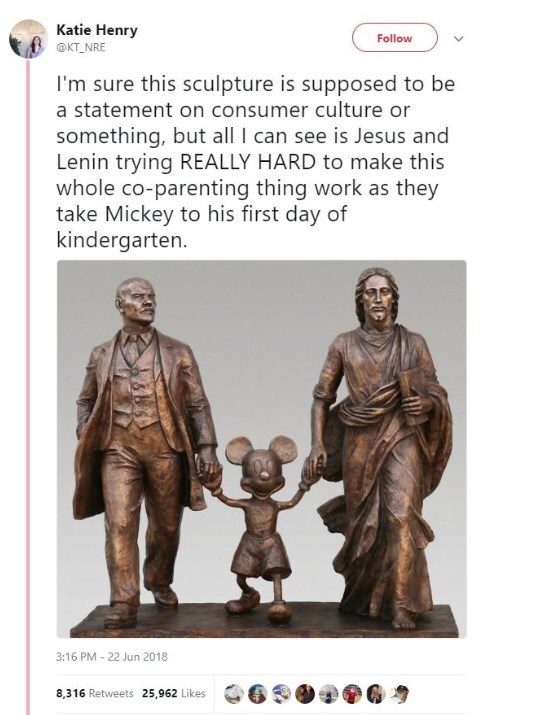 meme - alexander kosolapov hero leader god - Katie Henry I'm sure this sculpture is supposed to be a statement on consumer culture or something, but all I can see is Jesus and Lenin trying Really Hard to make this whole coparenting thing work as they take