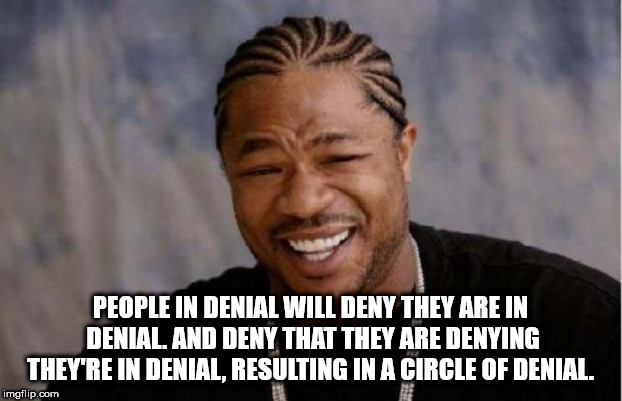 yo dawg i heard you - People In Denial Will Deny They Are In Denial And Deny That They Are Denying They'Re In Denial, Resulting In A Circle Of Denial. imgflip.com