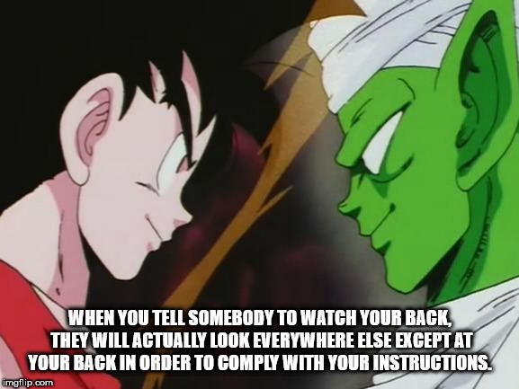 shower thought dragon ball piccolo jr saga - When You Tell Somebody To Watch Your Back, They Will Actually Look Everywhere Else Except At Your Back In Order To Comply With Your Instructions imgflip.com