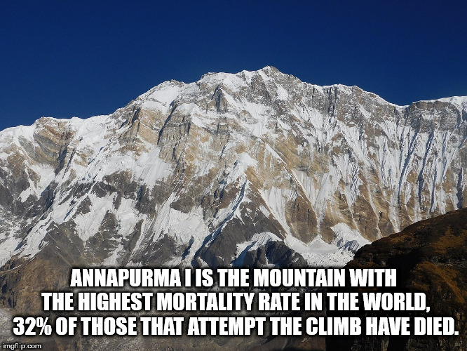 annapurna - Annapurmal Is The Mountain With The Highest Mortality Rate In The World. 32% Of Those That Attempt The Climb Have Died. imgflip.com