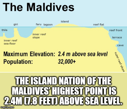 angle - The Maldives island giri faru lagoon reef flat thila reef front inner reef slope terrace inner reef seafloor cave Maximum Elevation 2.4 m above sea level Population 32,000 outer reef slope The Island Nation Of The Maldives' Highest Pointis 2.4M 7.