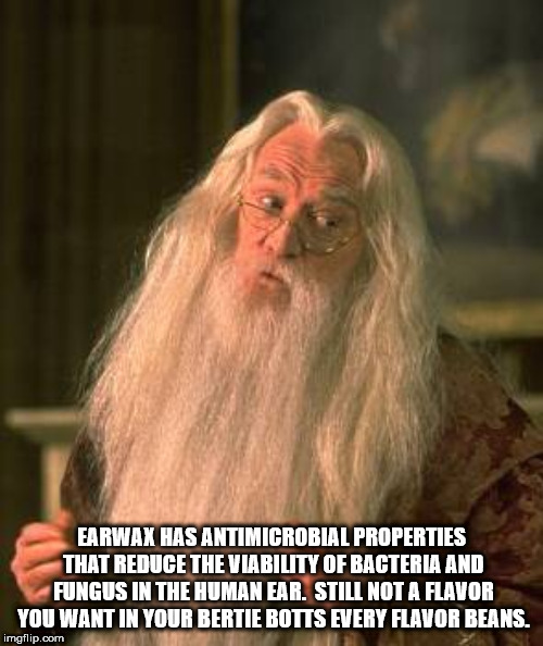 harry potter dumbledore - Earwax Has Antimicrobial Properties That Reduce The Viability Of Bacteria And Fungus In The Human Ear. Still Not A Flavor You Want In Your Bertie Botts Every Flavor Beans. imgflip.com