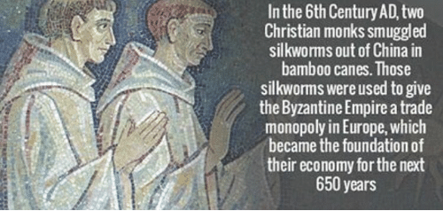 banknote - In the 6th Century Ad, two Christian monks smuggled silkworms out of China in bamboo canes. Those silkworms were used to give the Byzantine Empire a trade monopoly in Europe, which became the foundation of their economy for the next 650 years