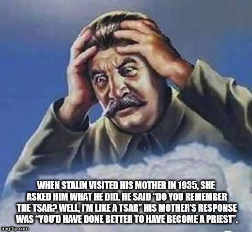 stalin disapproves - When Stalin Visited His Mother In 1935, She Asked Him What He Did. He Said "Do You Remember The Tsar? Well, I'M A Tsar" His Mother'S Response Was You'D Have Done Better To Have Become A Priest. imgflip.com