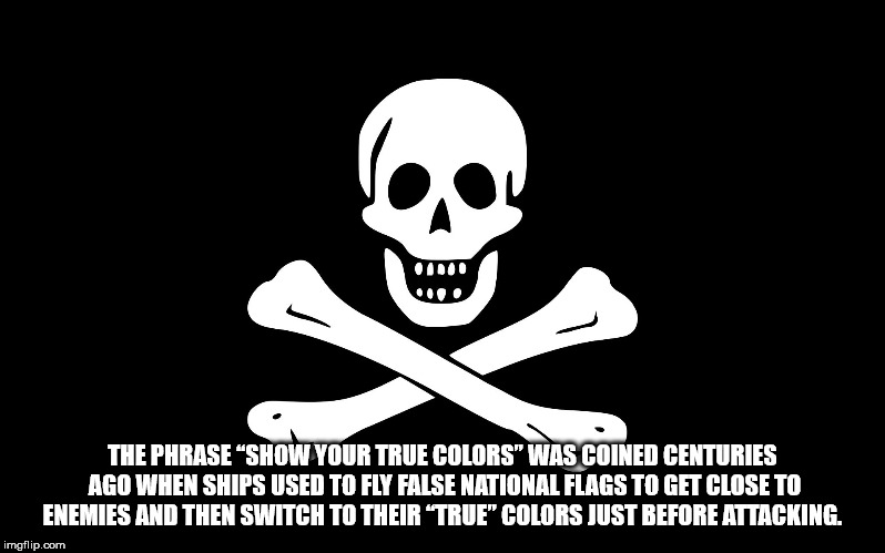 skull - The Phrase "Show Your True Colors" Was Coined Centuries Ago When Ships Used To Fly False National Flags To Get Close To Enemies And Then Switch To Their "True" Colors Just Before Attacking. imgflip.com