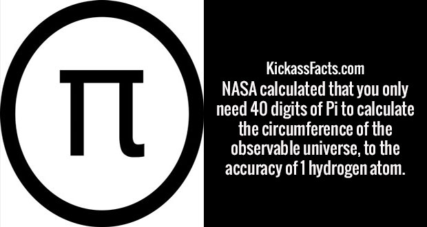 happiness - KickassFacts.com Nasa calculated that you only need 40 digits of Pi to calculate the circumference of the observable universe, to the accuracy of 1 hydrogen atom.