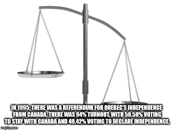 angle - 550000000OOOOOO 88822000000000 DOCHOD000000000 Lin 1995. There Was A Referendum For Quebec'S Independence From Canada. There Was 94% Turnout, With 50.58% Voting To Stay With Canada And 49.42% Voting To Declare Independence imgflip.com