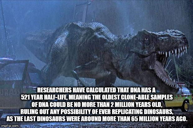 dinosaur jurassic park - Researchers Have Calculated That Dna Has A 521 Year HalfLife, Meaning The Oldest CloneAble Samples Of Dna Could Be No More Than 2 Million Years Old. Ruling Out Any Possibility Of Ever Replicating Dinosaurs. As The Last Dinosaurs W
