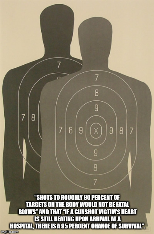 poster - "Shots To Roughly 80 Percent Of Targets On The Body Would Not Be Fatal Blows" And That If A Gunshot Victim'S Heart Is Still Beating Upon Arrival At A Hospital There Is A 95 Percent Chance Of Survival". Imgflip.com