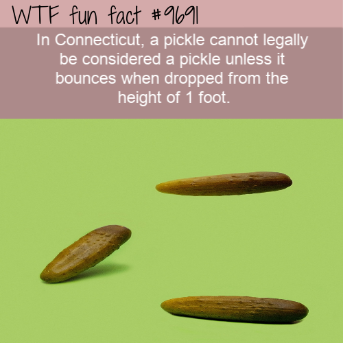 Wtf fun fact In Connecticut, a pickle cannot legally be considered a pickle unless it bounces when dropped from the height of 1 foot.
