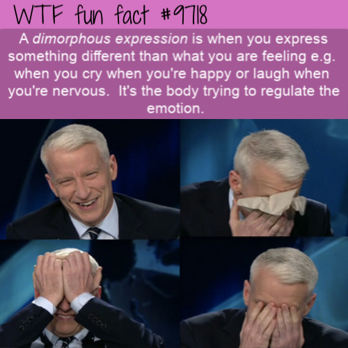 laugh and cry - Wtf fun fact A dimorphous expression is when you express something different than what you are feeling e.g. when you cry when you're happy or laugh when you're nervous. It's the body trying to regulate the emotion.