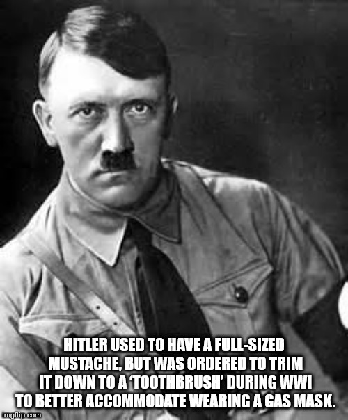 adolf hitler - Hitler Used To Have A FullSized Mustache, But Was Ordered To Trim It Down To A Toothbrush' During Wwi To Better Accommodate Wearing A Gas Mask. imgflip.com