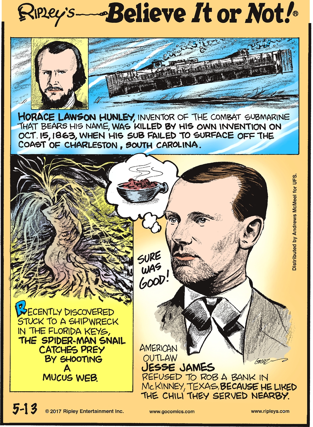 ripley's believe it or not! - Ripley's Believe It or Not!. Horace Lawson Hunley, Inventor Of The Combat Submarine That Bears His Name, Was Killed By His Own Invention On Oct. 15, 1863, When His Sub Failed To Surface Off The Coast Of Charleston, South Caro