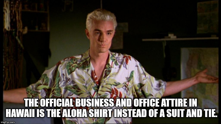 buffy the vampire slayer spike hawaiian shirt - The Official Business And Office Attire In Hawaii Is The Aloha Shirt Instead Of A Suit And Tie imgflip.com