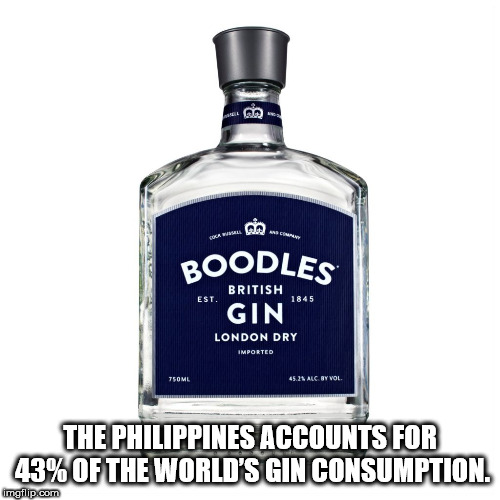 liqueur - . serien Boodles British Est, Gin London Dry Imported 750ML 45.21 Alc. By Vol. The Philippines Accounts For 43% Of The World'S Gin Consumption.
