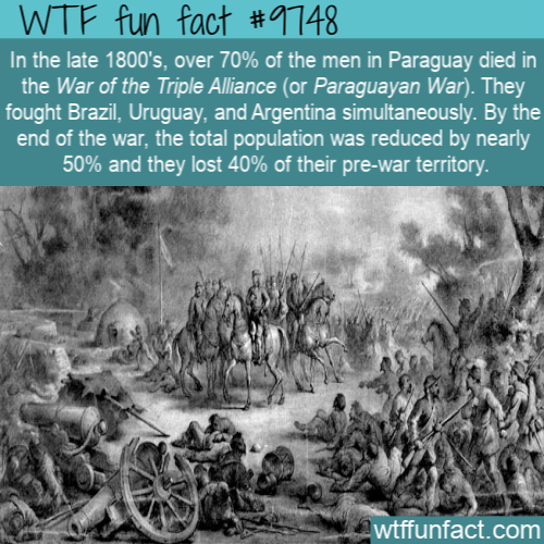 war - Wtf fun fact In the late 1800's, over 70% of the men in Paraguay died in the War of the Triple Alliance or Paraguayan War. They fought Brazil, Uruguay, and Argentina simultaneously. By the end of the war, the total population was reduced by nearly 5