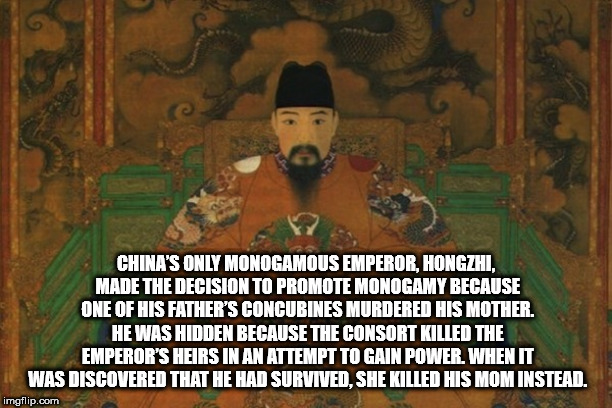 religion - China'S Only Monogamous Emperor, Hongzhi. Made The Decision To Promote Monogamy Because One Of His Father'S Concubines Murdered His Mother. He Was Hidden Because The Consort Killed The Emperor'S Heirs In An Attempt To Gain Power. When It Was Di