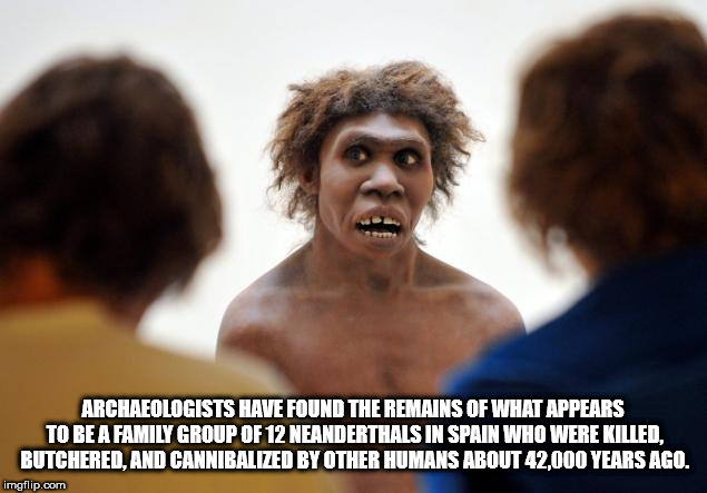 photo caption - Archaeologists Have Found The Remains Of What Appears To Be A Family Group Of 12 Neanderthals In Spain Who Were Killed. Butchered, And Cannibalized By Other Humans About 42,000 Years Ago. imgflip.com