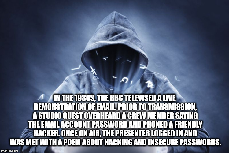 photo caption - A In The 1980S. The Bbc Televised A Live Demonstration Of Email Prior To Transmission A Studio Guest Overheard Acrew Member Saying The Email Account Password And Phoned A Friendly Hacker.Once On Air. The Presenter Logged In And Was Met Wit