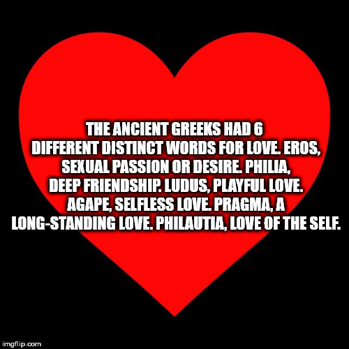 dance class - The Ancient Greeks Had 6 Different Distinct Words For Love. Eros, Sexual Passion Or Desire. Philia. Deep Friendship. Ludus, Playful Love. Agape. Selfless Love. Pragma. A LongStanding Love.Philautia, Love Of The Self. imgflip.com
