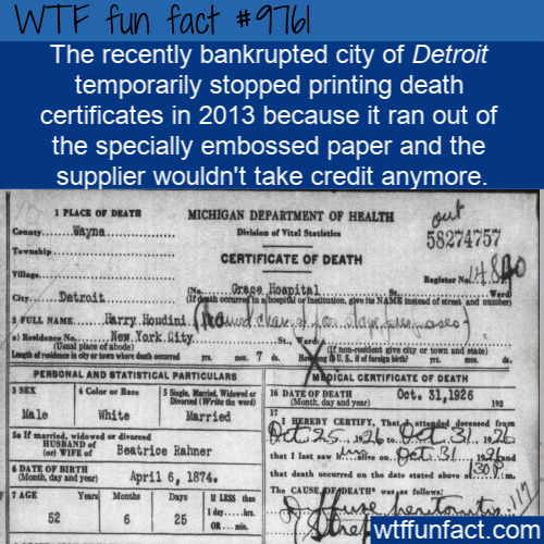 document - Wtf fun fact The recently bankrupted city of Detroit temporarily stopped printing death certificates in 2013 because it ran out of the specially embossed paper and the supplier wouldn't take credit anymore. 1 Puce Of Death Comety.......ayna... 