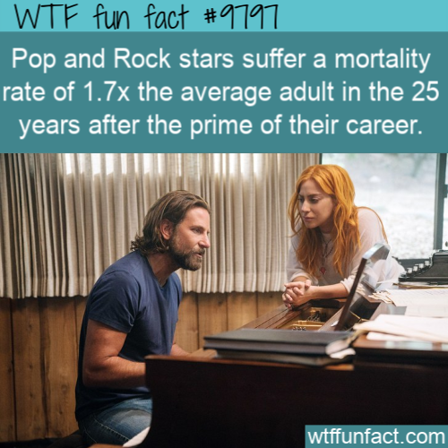 fun facts - star is born - Wtf fun fact Pop and Rock stars suffer a mortality rate of 1.7x the average adult in the 25 years after the prime of their career. wtffunfact.com