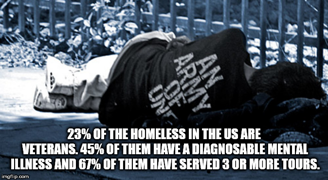 fun facts - Homeless veterans in the United States - 23% Of The Homeless In The Us Are Veterans. 45% Of Them Have A Diagnosable Mental Illness And 67% Of Them Have Served 13 Or More Tours. imgflip.com