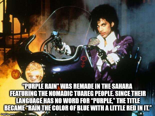 fun facts - purple rain film - "Purple Rain Was Remade In The Sahara Featuring The Nomadic Tuareg People. Since Their Language Has No Word For Purple." The Title Became Grain The Color Of Blue With A Little Red Unit." imgflip.com