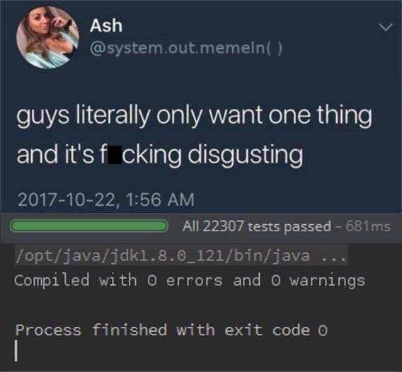 guys only want one thing compile - Ash .out.memeln guys literally only want one thing and it's f cking disgusting , All 22307 tests passed 681ms, optjavajdk1.8.0_121binjava ... Compiled with o errors and o warnings Process finished with exit code o