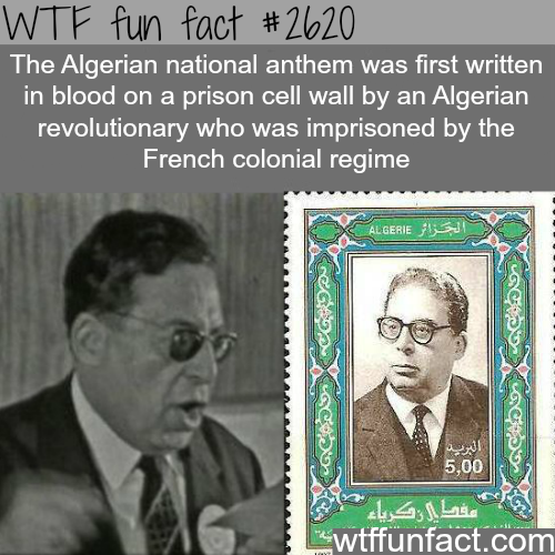 algeria national anthem - Wtf fun fact The Algerian national anthem was first written in blood on a prison cell wall by an Algerian revolutionary who was imprisoned by the French colonial regime Algerie choches Cocoon 5,00 wtffunfact.com