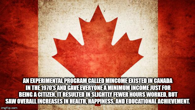 leaf - An Experimental Program Called Mincome Existed In Canada In The 1970'S And Gave Everyone A Minimum Income Just For Being A Citizen. It Resulted In Slightly Fewer Hours Worked, But Saw Overall Increases In Health, Happiness, And Educational Achievem