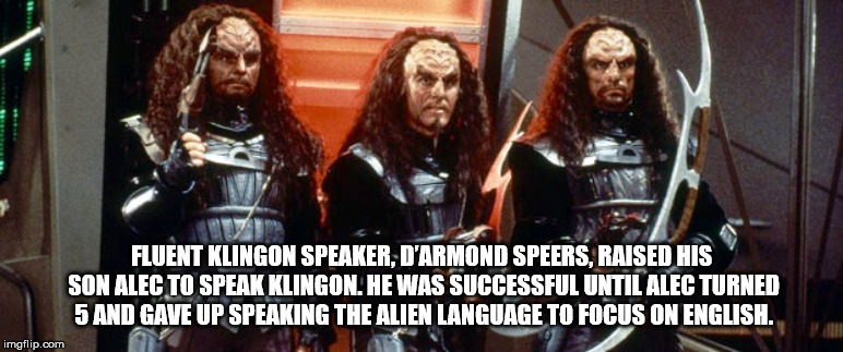 star trek klingon warrior - Fluent Klingon Speaker, D'Armond Speers, Raised His Son Alec To Speak Klingon. He Was Successful Until Alec Turned 5 And Gave Up Speaking The Alien Language To Focus On English, imgflip.com