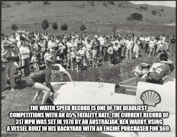 car - The Water Speed Record Is One Of The Deadliest Competitions With An 85% Fatality Rate. The Current Record Of 31 Mph Was Set In 1978 By An Australian, Ken Warby Using A Vessel Built In His Backyard With An Engine Purchased For $69. imgflip.com