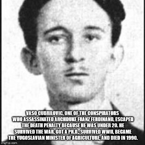 Vaso Cubrilovic, One Of The Conspirators Who Assassinated Archduke Franz Ferdinand, Escaped The Death Penalty Because He Was Under 20. He Survived The War. Got A Pild.Survived Wwil Became The Yugoslavian Minister Of Agriculture And Died In 1990.…