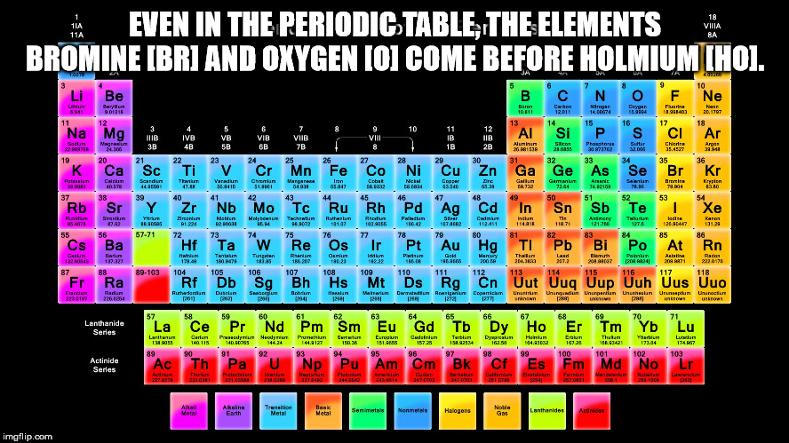 Shower thought about periodic table of elements - here Even In The Periodic Table, The Elements via Bromine Bri And Oxygen Oi Come Before Holmium Ho.