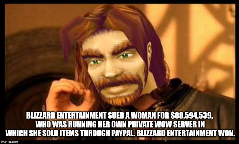 warcraft roleplay meme - Blizzard Entertainment Sued A Woman For $88.594.539. Who Was Running Her Own Private Wow Server In Which She Sold Items Through Paypal. Blizzard Entertainment Won. imgflip.com