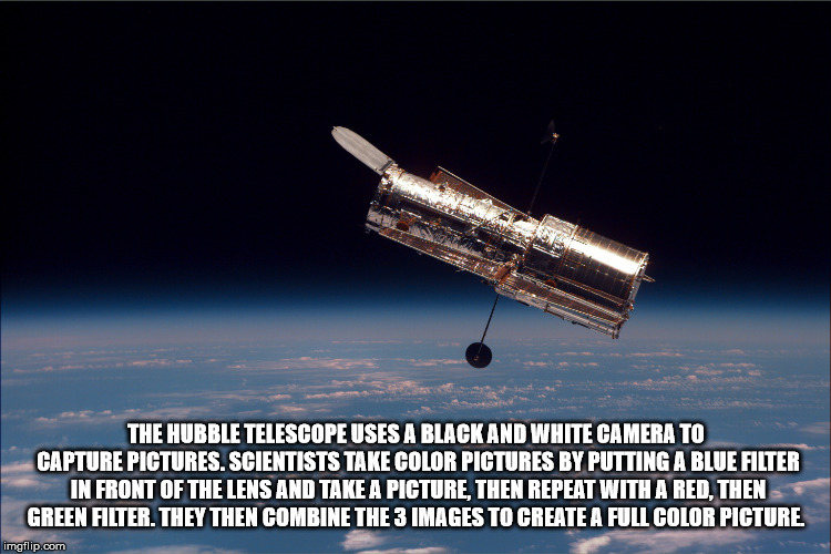 atmosphere - The Hubble Telescope Uses A Black And White Camera To Capture Pictures. Scientists Take Color Pictures By Putting A Blue Filter In Front Of The Lens And Take A Picture, Then Repeat With A Red. Then Green Filter.They Then Combine The 3 Images 