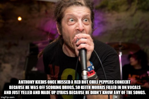 song - Anthony Kiedis Once Missed A Red Hot Chili Peppers Concert Because He Was Off Scoring Drugs.So Keith Morris Filled In On Vocals And Just Yelled And Made Up Lyrics Because He Didnt Know Any Of The Songs imgflip.com