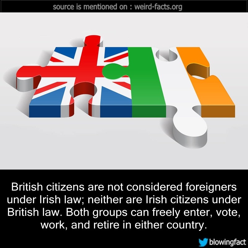 brexit uk and ireland - source is mentioned on weirdfacts.org British citizens are not considered foreigners under Irish law; neither are Irish citizens under British law. Both groups can freely enter, vote, work, and retire in either country. y blowingfa