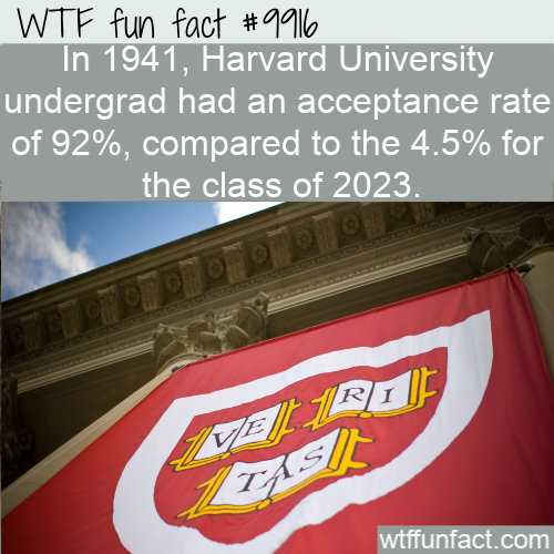 banner - Wtf fun fact In 1941, Harvard University undergrad had an acceptance rate of 92%, compared to the 4.5% for the class of 2023 VeRiil wtffunfact.com