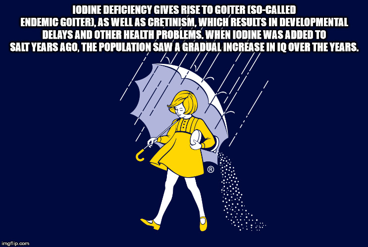 cartoon - Iodine Deficiency Gives Rise To Goiter SoCalled Endemic Goiter, As Well As Cretinism, Which Results In Developmental Delays And Other Health Problems. When Iodine Was Added To Salt Years Ago, The Population Saw A Gradual Increase In Iq Over The 