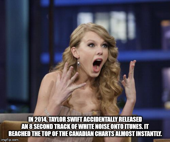 taylor swift shocked - In 2014 Taylor Swift Accidentally Released An 8 Second Track Of White Noise Onto Itunes. It Reached The Top Of The Canadian Charts Almost Instantly. imgflip.com