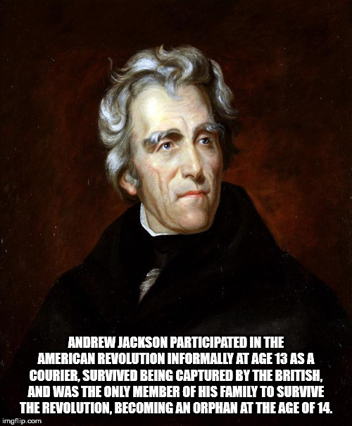 andrew jackson - Andrew Jackson Participated In The American Revolution Informally At Age 13 As A Courier, Survived Being Captured By The British, And Was The Only Member Of His Family To Survive The Revolution, Becoming An Orphan At The Age Of 14. imgfli